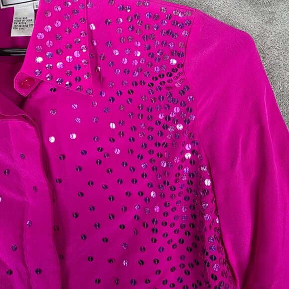 Womens Vintage Diane Gilman Pink 100% Silk Sequin Blouse Button Up Long Sleeve S - Picture 3 of 8